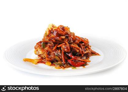 chinese cuisine. deep fried chicken with red sauce.
