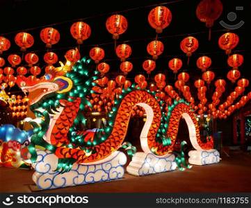Chinese Dragon and paper lanterns decorated for the Chinese New Year (Spring Festival).