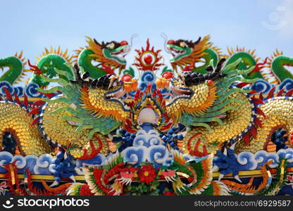 chinese dragon on the roof of shrine with beautiful sky background