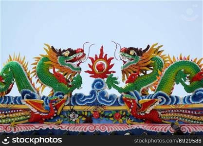 chinese dragon on the roof of shrine with beautiful sky background