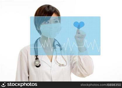 Chinese female doctor with stethoscope pressing heart button on virtual pulse screen