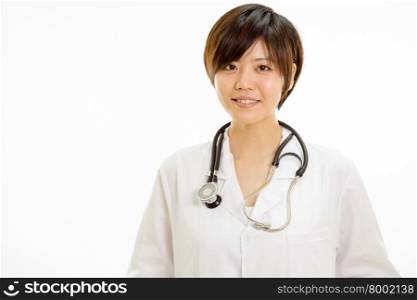 Chinese female doctor with stethoscope smiling at camera