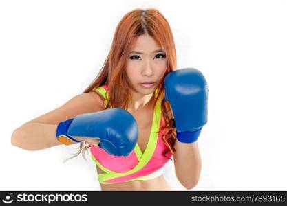 Chinese female in pink top wearing boxing gloves