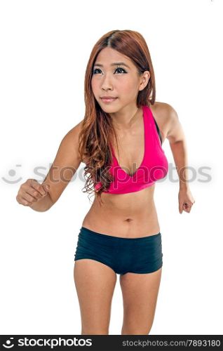 Chinese female running in pink and black fitness clothes