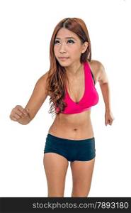 Chinese female running in pink and black fitness clothes