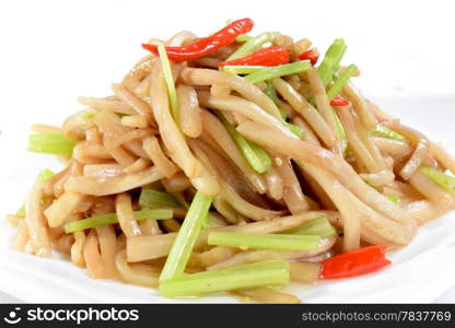 Chinese Food: Fried eggplant slices in a white plate