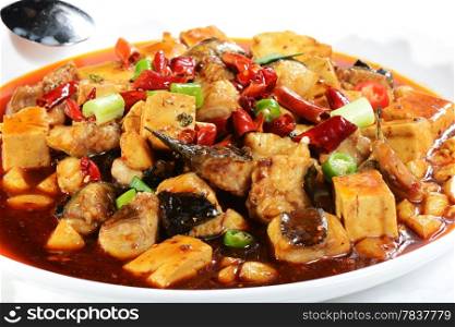 Chinese Food: Fried fish and Tofu in a white plate