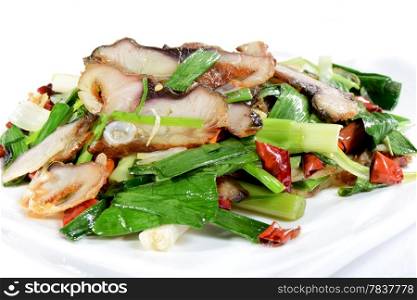 Chinese Food: Fried fish slices with leek and pepper