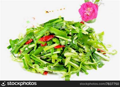 Chinese Food: Fried leek vegetable in a white plate