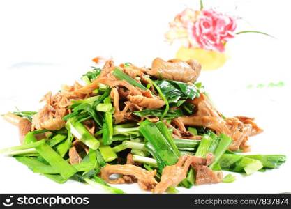 Chinese Food: Fried leek with mushroom in a white plate