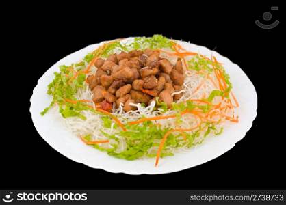 Chinese food. Fried pork with starch noodles, shredded carrot and lettuce.