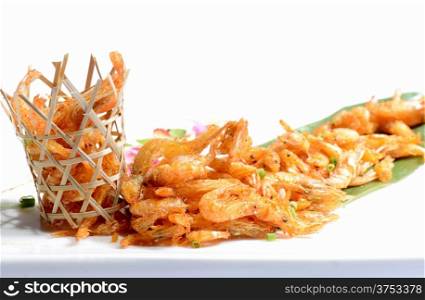 Chinese Food:Fried Shrimp in a bamboo basket on a white background