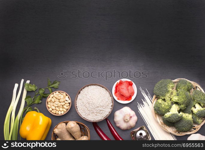 Chinese food raw ingredients, vegetables and nuts. Chinese dishes are most popular around the world. Some sorts of cuisine are Anhui, Cantonese, Fujian, Hunan, Jiangsu, Shandong, Sichuan, and Zhejiang