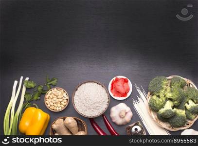 Chinese food raw ingredients, vegetables and nuts. Chinese dishes are most popular around the world. Some sorts of cuisine are Anhui, Cantonese, Fujian, Hunan, Jiangsu, Shandong, Sichuan, and Zhejiang