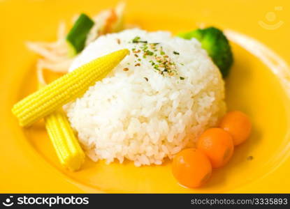 Chinese food, Rice, sweet corn and red radish in dish.