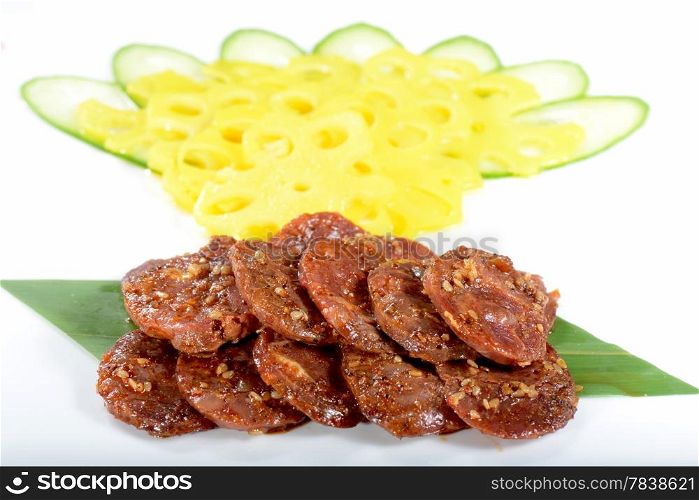 Chinese Food: Salad made of Pork Sausage on a white background