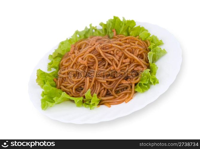 Chinese food. Starch noodles with meat on lettuce leaves, isolated on white.