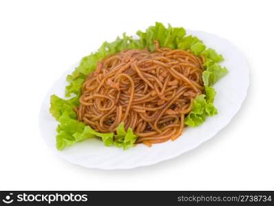 Chinese food. Starch noodles with meat on lettuce leaves, isolated on white.
