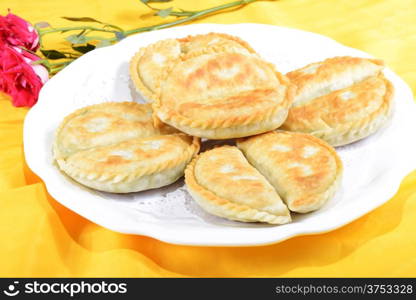 Chinese Food:Toasted Dumplings on a white plate against golden background