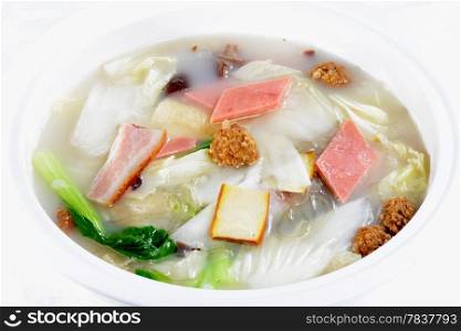 Chinese Food: Vegetable soup in a white pot