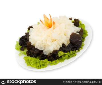 Chinese food. White and dark timber fungi with lettuce, isolated on white