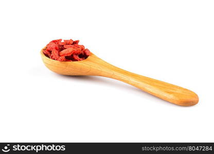 Chinese goji berries in wooden spoon close up on white background