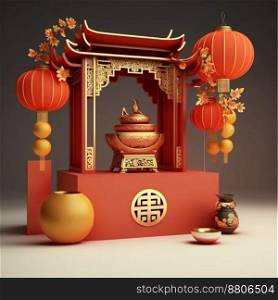 Chinese golden ingots and cloudy with podium display stand on red background