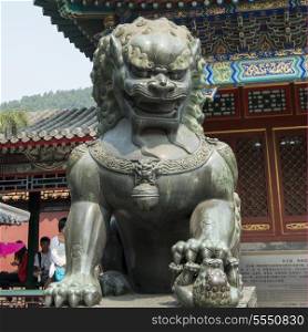 Chinese guardian lion statue at a palace, Hall of Dispelling Clouds, Longevity Hill, Summer Palace, Haidian District, Beijing, China