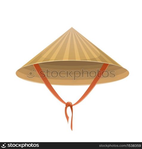 Chinese hat in the form of a cone with a tie on a white background. Traditional conical hat, accessory.. Chinese hat in the form of a cone with a tie on a white background.