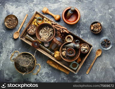 Chinese herbal medicine.Dried medicinal herbs, plants and rhizomes in a box. Alternative medicine herbal