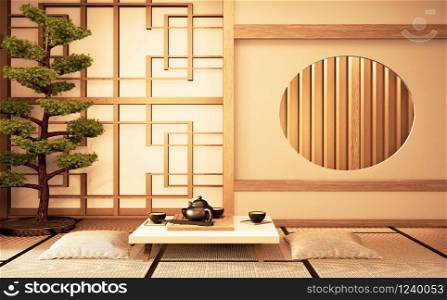 Chinese interior with circle window wooden design idea of room japan and tatami mat. 3D rendering