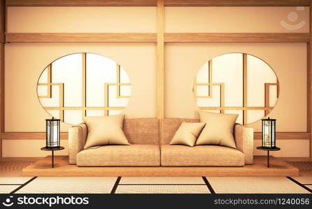 Chinese interior with circle window wooden design idea of room japan and tatami mat. 3D rendering