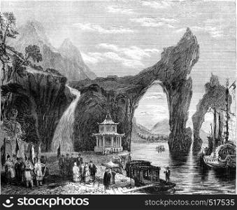 Chinese landscape, View taken on Tai-ho, vintage engraved illustration. Magasin Pittoresque 1845.