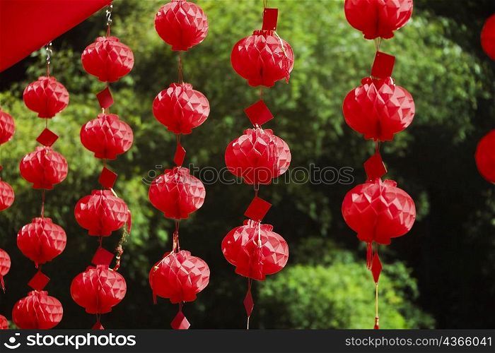Chinese lanterns hanging in a row, Emerald Valley, Huangshan, Anhui Province, China
