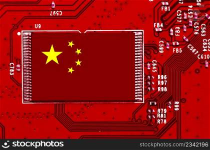 Chinese National Flag overlaid on PC micro chip on integrated circuit board