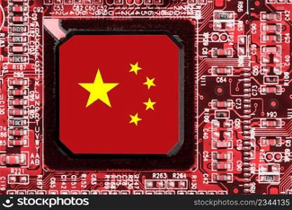 Chinese National Flag overlaid on PC micro chip on integrated circuit board 