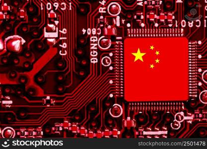 Chinese National Flag overlaid on PC micro chip on integrated circuit board