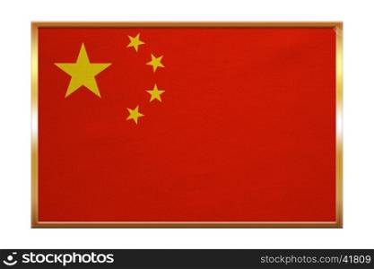 Chinese national flag. Symbol of the People's Republic of China. Patriotic PRC background design. Correct colors. Flag of China , golden frame, fabric texture, illustration. Accurate size, color