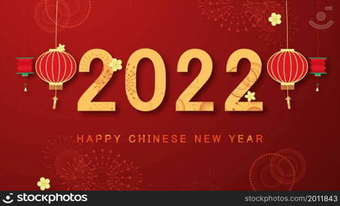 Chinese new year 2022 year of the tiger. Chinese New Year background with golden fireworks on red background. Concept for holiday banner, Chinese New Year Celebration background decoration.