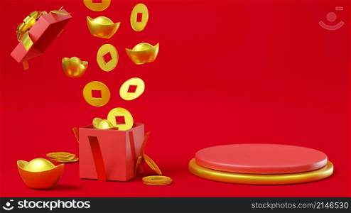 Chinese new year day festival concept. Display podium cylinder, Gold wealth coins and ingot fall off to opened red gift box on red background, CNY scene design, 3D Rendering Illustration