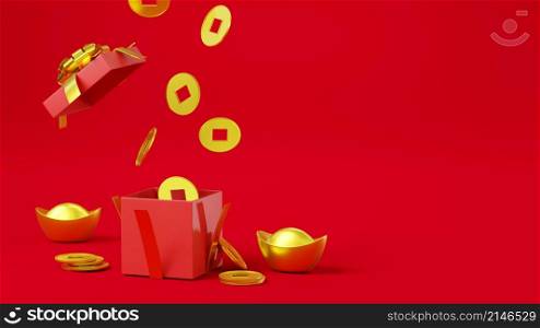 Chinese new year day festival concept. Gold wealth coins fall off to opened red gift box with ingot on red background, Horizontal posters, greeting cards, 3D Rendering Illustration