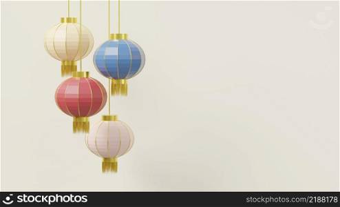 Chinese new year or Chinese lantern festival. Hanging lantern elements Traditional Asian decor on white background, CNY scene graphic design, 3D Rendering Illustration