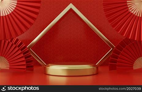 Chinese New Year red modern style one podium product showcase with golden ring frame Japanese style pattern background. Happy holiday traditional festival concept. 3D illustration rendering