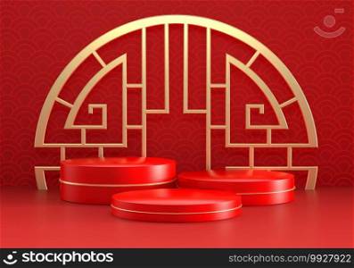 Chinese New Year red modern style three podium product showcase with golden ring frame and China pattern background. Holiday traditional festival banner concept. 3D illustration render graphic design