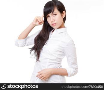 Chinese office lady in white shirt thinking or confused