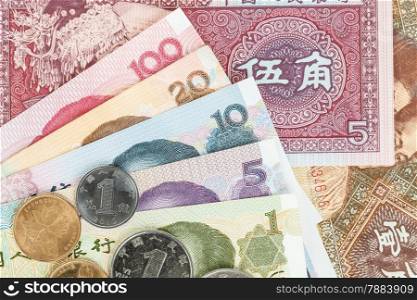 Chinese or Yuan banknotes money and coins from China&rsquo;s currency, close up view as background