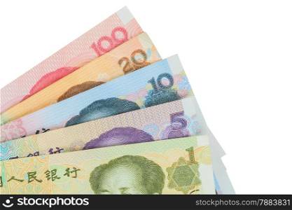 Chinese or Yuan banknotes money from China&rsquo;s currency, close up on white background