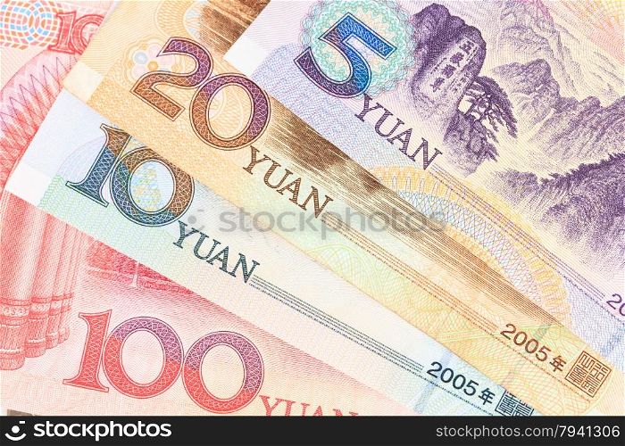 Chinese or Yuan banknotes money from China&rsquo;s currency, close up view as background