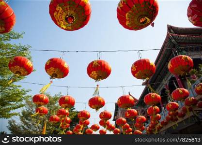 Chinese red lanterns. Chinese New Year decorations. The identity of the Chinese New Year.