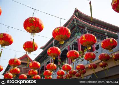 Chinese red lanterns. Chinese New Year decorations. The identity of the Chinese New Year.